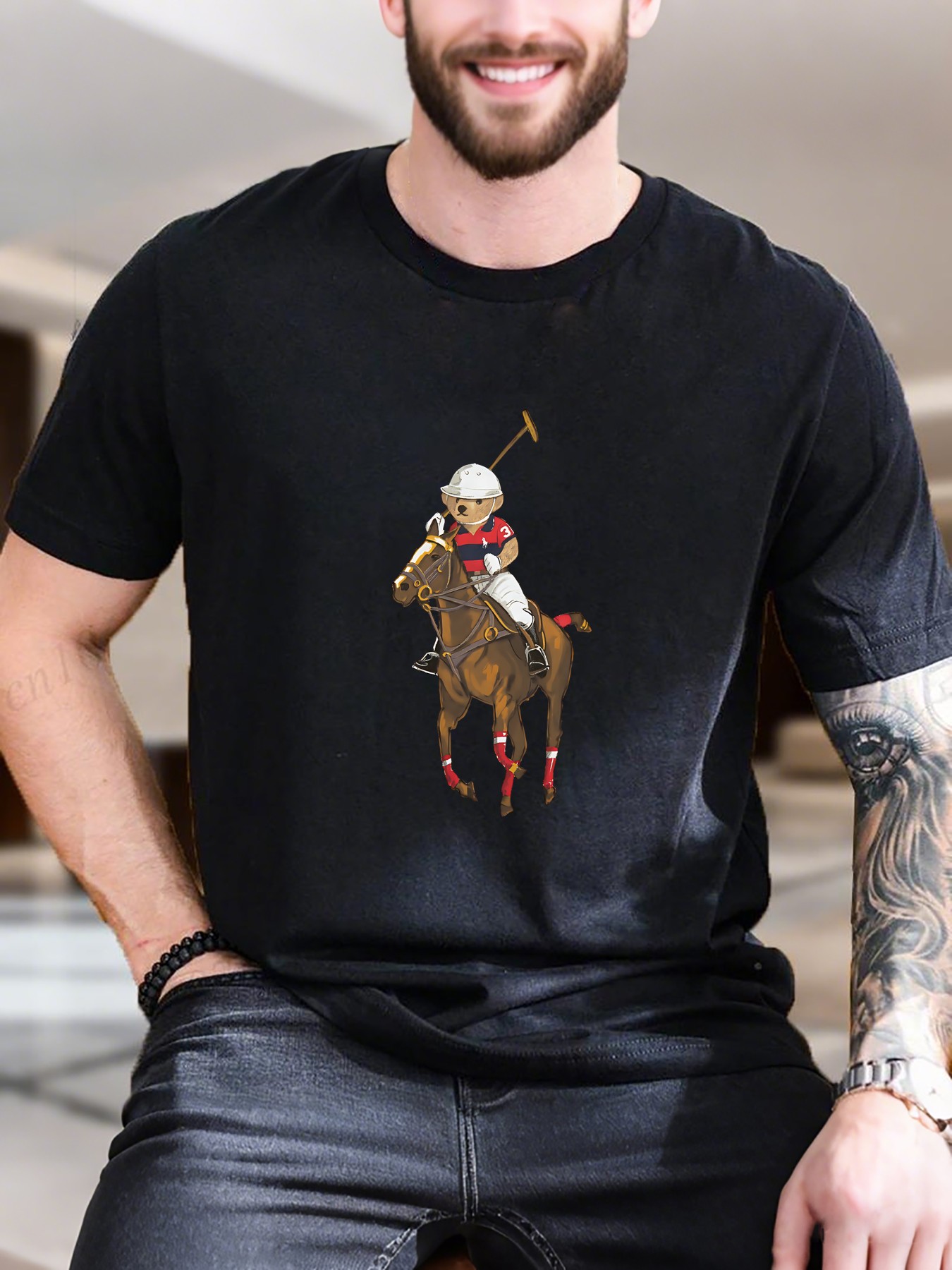 Men's Printed Short Sleeve T-S - Polo Shirt Equestrian ulasan dan harga